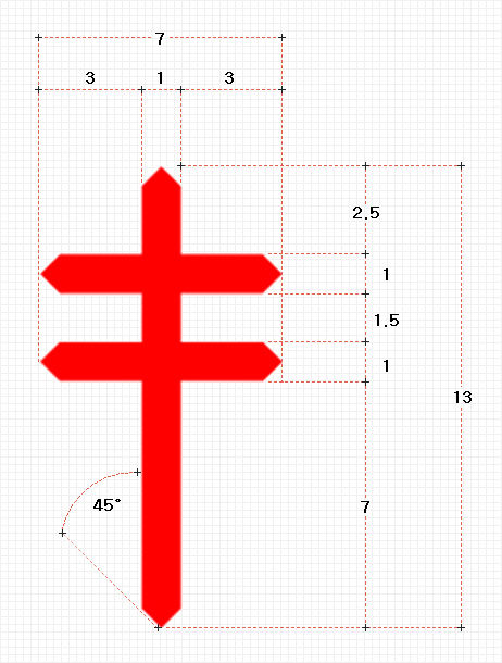 복십자마크 비율 - 가로7(3:1:3) : 세로13(2.5:1:1.5:1:7) 비율, 십자가 끝은 45도 각도의 뾰족한 모양으로 구성되어있다. 